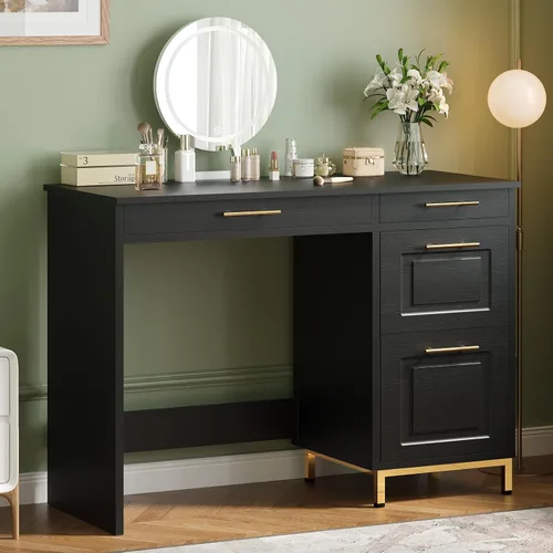 Vista 7 de 4 EVER WINNER Escritorio negro con cajones, escritorio de 43 pulgadas con archivador de almacenamiento y mango dorado, escritorio de oficina en casa
