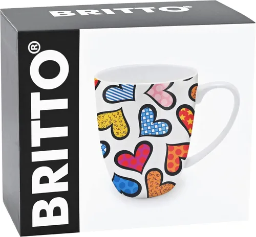 Vista 3 de Britto Romero Bone - Taza de café de porcelana, 16.8 onzas, corazones, diseño de ilustraciones