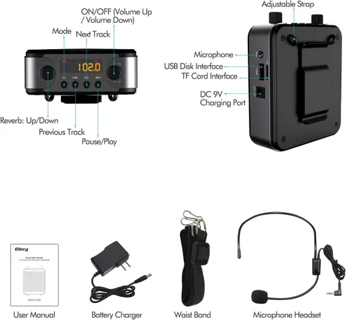 Vista 9 de Amplificador de voz portátil de 30 W con auriculares con micrófono cableado, sistema PA recargable de 2800 mAh, altavoz con micrófono personal