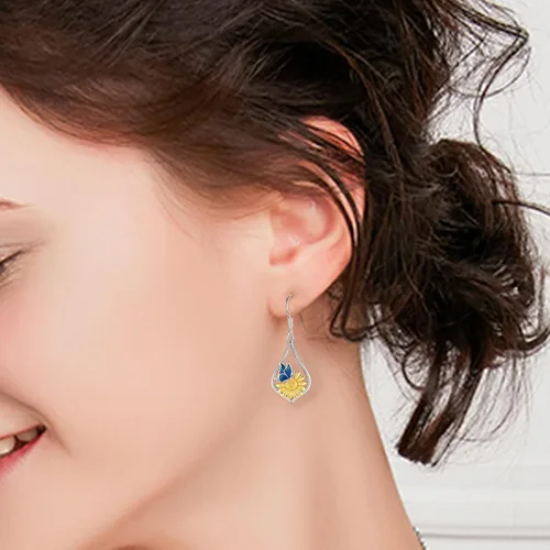 Vista 6 de Aretes colgantes de plata de ley con diseño de árbol de la vida, flor, abeja, animales, gato, colibrí, piedra lunar, turquesa, aretes con cierre