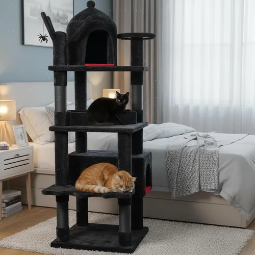 Vista 3 de BEWISHOME Árbol para gatos resistente, 63 pulgadas, árboles para gatos grandes, torre gótica para gatos con cama de ataúd, casas para gatos