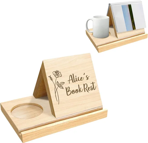 Vista 2 de Estantería personalizada con diseño de flor de nacimiento de madera de roble macizo, soporte para libros de madera con texto personalizado, soporte