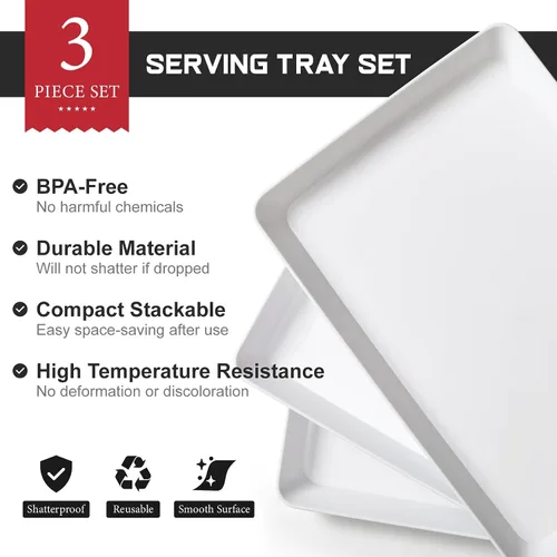 Vista 3 de 3 paquetes, 40 x 28 centímetros Bandejas grandes blancas reutilizables de plástico para servir galletas, aperitivos, charcutería, bocadillos