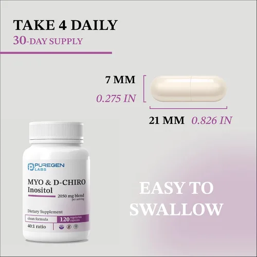 Vista 4 de Puregen Labs - Suplemento de inositol Myo inositol y D-Chiro Inositol 2050mg - 120 cápsulas vegetales Sin aditivos nocivos Sin OMG, sin gluten