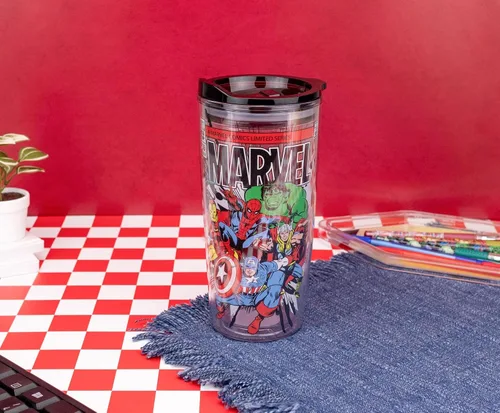 Vista 4 de Silver Buffalo Marvel Avengers Taza de viaje con diseño de Spider-Man, Capitán América, Thor, Hulk e Iron Man, de doble pared, con tapa de cierre
