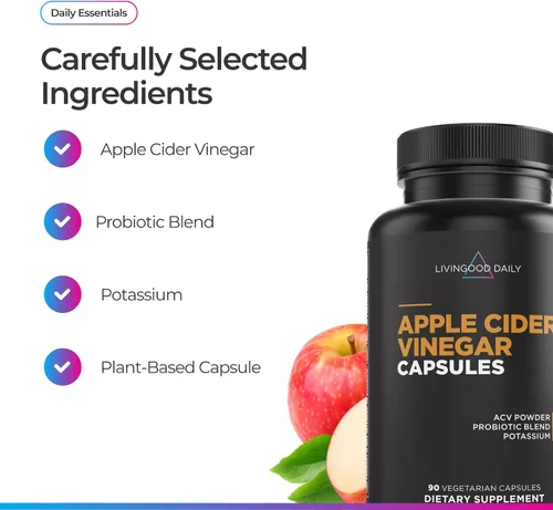 Vista 2 de Livingood Daily Cápsulas de vinagre de sidra de manzana con la madre (1500 mg) – Pastillas ACV con probióticos y potasio para mujeres y hombres