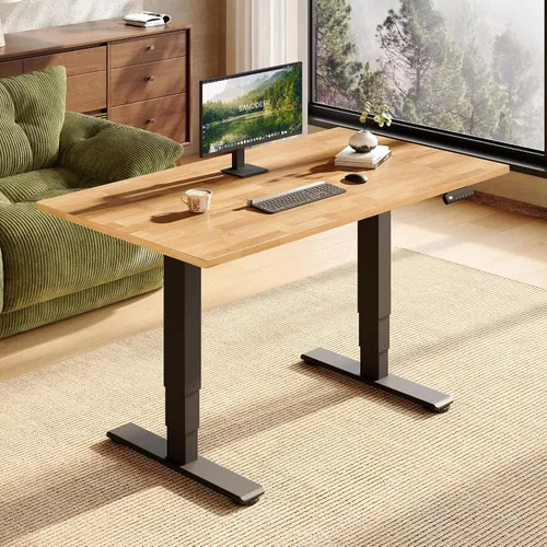 Vista 23 de SANODESK Escritorio de pie de madera maciza de caucho con motor dual 48"x24 Mesa natural + marco blanco
