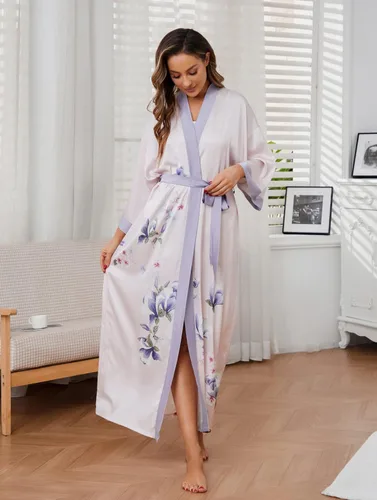 Vista 4 de Bata de baño larga de seda para mujer, ropa de dormir con estampado floral, bata de boda, camisón de satén para dama de honor