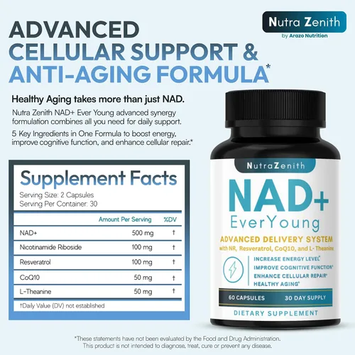 Vista 2 de Suplemento NAD+ con ribósido de nicotinamida (alternativa NMN), CoQ10 y resveratrol - 60 cápsulas para un apoyo saludable al envejecimiento, impulso