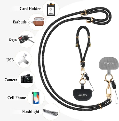 Vista 6 de Kaptron 2 cordones para teléfono celular: correa universal ajustable para teléfono y correa de muñeca, con 2 clips de langosta y 2 parches