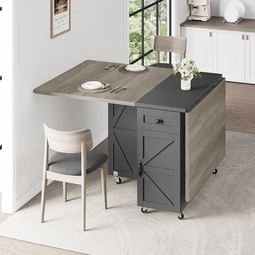 Vista 4 de Jocoevol Mesa de comedor plegable ahorradora de espacio para 4, mesa de comedor plegable estilo granja con cajón y estante de almacenamiento de 2