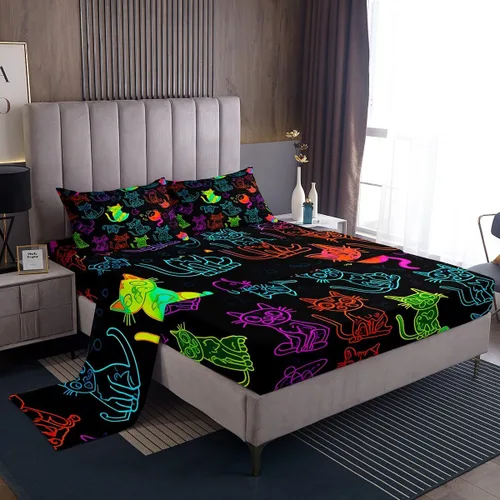 Vista 24 de Erosebridal Juego de sábanas con diseño de gato tamaño individual, sábana encimera Kawaii Garfield para niños y niñas, sábanas con huellas de patas