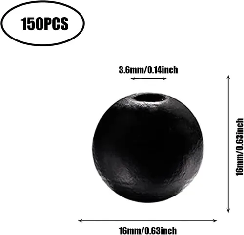 Vista 2 de 150 cuentas de madera negras de 0.630 in, cuentas de madera redondas sin terminar para manualidades, guirnaldas de decoración de granja, joyería