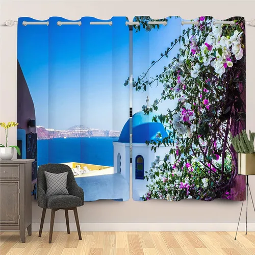 Vista 9 de Cortinas japonesas con pintura de tinta, monte Fuji, sol rojo, puesta de sol, hojas de bambú, cortinas de ventana para dormitorio, sala de estar