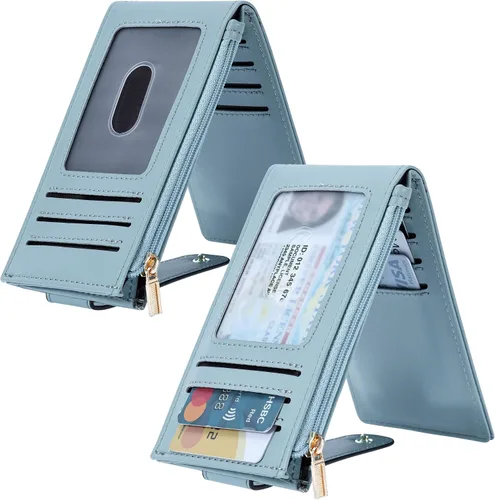 Vista 2 de Chelmon Billetera delgada para mujer, con bloqueo RFID, plegable, con bolsillo con cremallera, Azul, Minimalista