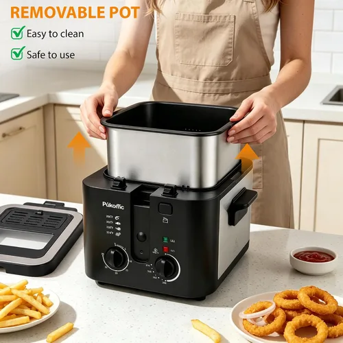 Vista 4 de Pukomc Freidora profunda de 2.5L con cesta, ajustar la temperatura