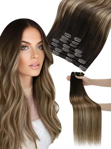 Vista 63 de Moresoo Extensiones de cabello humano con clip, balayage, color marrón oscuro a marrón dorado con clip, extensiones de cabello humano con clip, 5