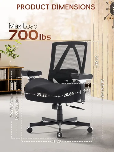 Vista 3 de Silla de oficina grande y alta de 700 libras, silla de escritorio ergonómica con cojín grueso de ancho, silla de oficina de malla ejecutiva