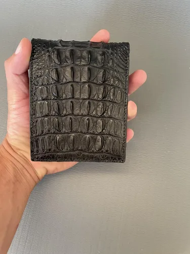 Vista 8 de VN Billetera plegable de cuero de piel de cocodrilo genuino de doble cara negra y púrpura para hombre, cartera exótica hecha a mano, regalo para él