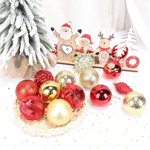 Vista 3 de Paquete de 100 bolas de Navidad inastillables, adornos decorativos de Navidad para árbol de Navidad, rojo y dorado