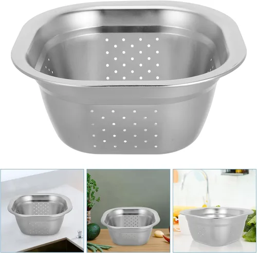Vista 8 de VOSAREA Lavabo cuadrado de acero inoxidable, colador de metal, colador cuadrado de gran capacidad, para frutas, cocina, lavado de verduras