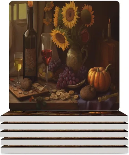 Vista 8 de 4 posavasos de vino tinto, cuadrados y modernos posavasos absorbentes de cerámica, estilo de pintura al óleo, vintage, vino tinto, uvas, rosa