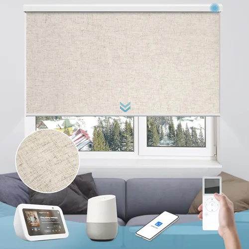 Vista 23 de Persiana enrollable inteligente 100 % opaca, pantalla motorizada compatible con Alexa Google, persiana de control de aplicación para ventana Tela