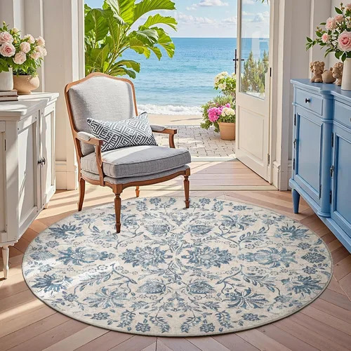 Vista 26 de jinchan Lima - Alfombra simétrica floral geométrica lavable, alfombra de entrada de medio círculo de 2 x 3, alfombra de media luna, suave y Azul