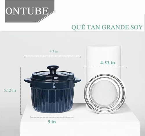 Vista 3 de ONTUBE Contenedor de grasa de tocino de cerámica con colador, azul marino