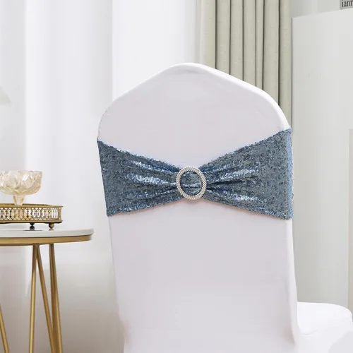 Vista 4 de Paquete de 50 bandas de lentejuelas color azul polvoriento para sillas de boda, lazos para fiestas, banquetes de cumpleaños, aniversario, eventos al
