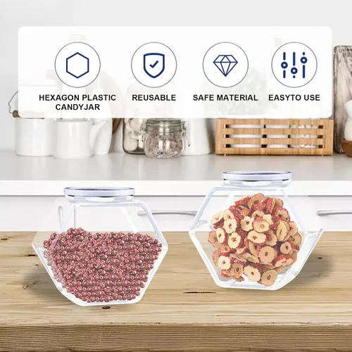 Vista 7 de 12 tarros hexagonales de plástico transparente de 30 onzas, tarros de galletas de plástico con tapas herméticas, recipientes reutilizables de boca