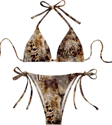 Vista 25 de ZAFUL Bikinis triangulares estampados para mujer, 2 piezas, bikini halter, traje de baño de corte alto, traje de baño con lazo lateral 0-negro a