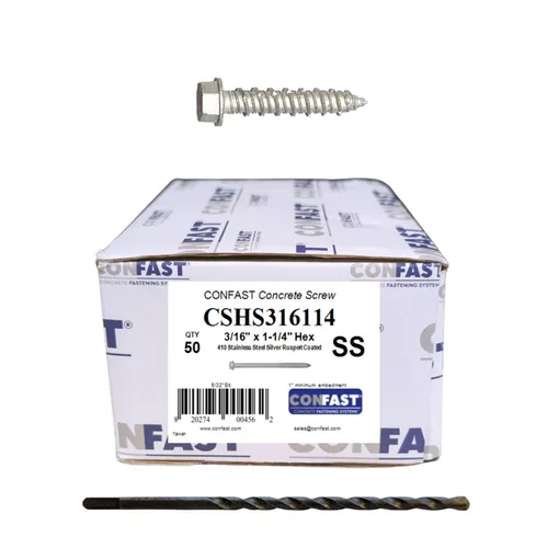 Vista 12 de CONFAST Tornillos de hormigón de 1/4" x 1-1/4" 410 hexagonal de acero inoxidable con broca de hormigón para anclaje a mampostería, bloque o ladrillo