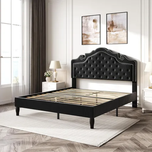 Vista 9 de SHA CERLIN Marco de cama tamaño completo con cabecera ajustable/Tapizado de terciopelo/Capitoné con botones de diamante y tachuelas de metal/No