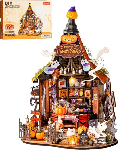 Vista 9 de Rolife Kit de casa de dulces embrujada de Halloween DIY con 9 luces LED, kits de construcción de modelos de casa pequeña para principiantes