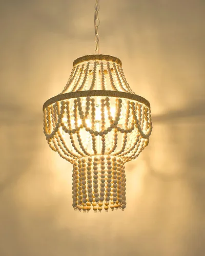 Vista 3 de ELYONA Candelabro grande de madera de abedul con cuentas de 3 luces, 16 pulgadas, estilo bohemio, estilo granja, luz colgante rústica, lámpara
