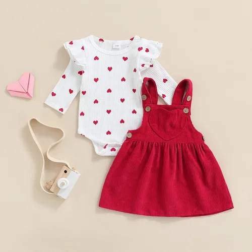 Vista 9 de My First Valentine's Day - Conjunto de ropa para bebé niña con volantes, manga larga, estampado de corazón, falda con tirantes