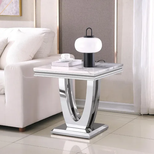 Vista 56 de SSLine Mesa de Centro Rectangular de Mármol Sintético para Sala de Estar, Mesa Central Moderna de Mármol Blanco de Lujo con Base Doble en Forma de U