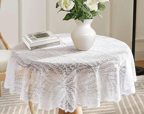 Vista 10 de Warm Home Designs Mantel de encaje negro. Mantel redondo pequeño de 36 pulgadas de diámetro. Mantel floral, superposición rústica o mantel bohemio