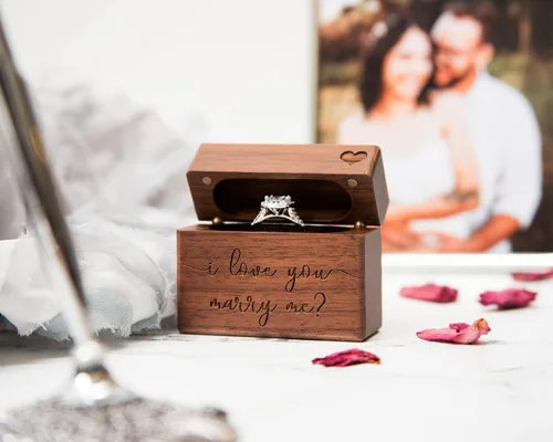 Vista 18 de MUUJEE You Are My Universe Engraved Wooden Ring Box, Slim Engagement Proposal Ring Holder, Wedding Ceremony Ring Bearer Box, Fiance Gift Ideas