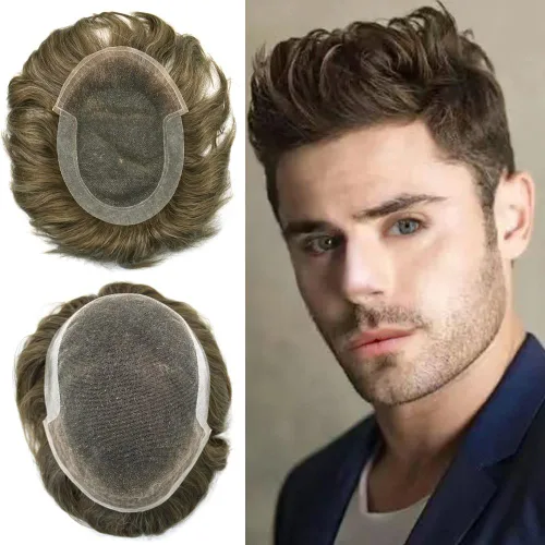 Vista 29 de Toupee para hombres sistemas de reemplazo de piel sintética con encaje suizo para hombre, nudos blanqueados, línea capilar natural para hombres