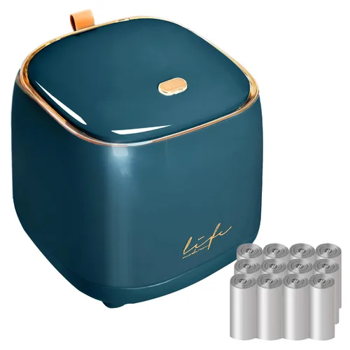 Vista 8 de Mini cubo de basura de encimera con 10 rollos de bolsas de basura, cubo de basura con tapa de presión, cubo de basura de escritorio aplicable