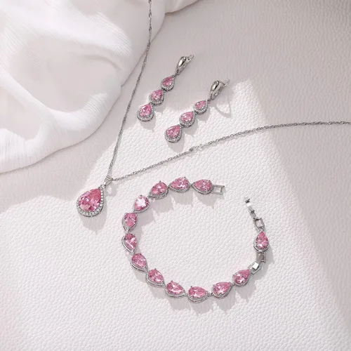 Vista 6 de EleQueen Juego de collar con colgante de gota de agua, aretes largos y pulseras de tenis, circonita cúbica brillante, lágrima, joyería de boda