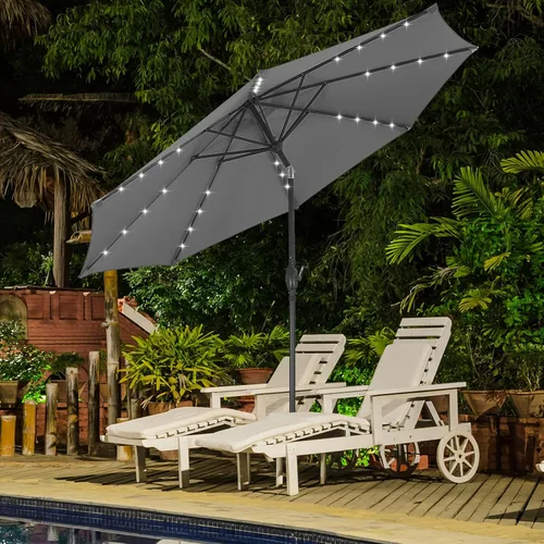 Vista 21 de Sombrilla solar de patio de 10 pies con base, 32 luces LED, sombrilla de mercado al aire libre con botón de inclinación y grietas para jardín Azul