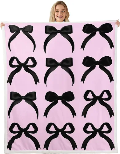 Vista 28 de Erosebridal Black Pink Bow Fleece Throw Blanket 40"x50" - Ultra-Soft for Couch Sofa Bed,Kawaii Cool Bowknot Sherpa Blanket,Princess Style Fuzzy