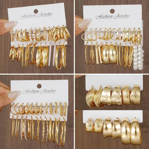 Vista 3 de Juego de 36 pares de aretes de aro dorados para mujeres y niñas, paquete múltiple de aretes de aro trenzados, hipoalergénicos, de cadena gruesa