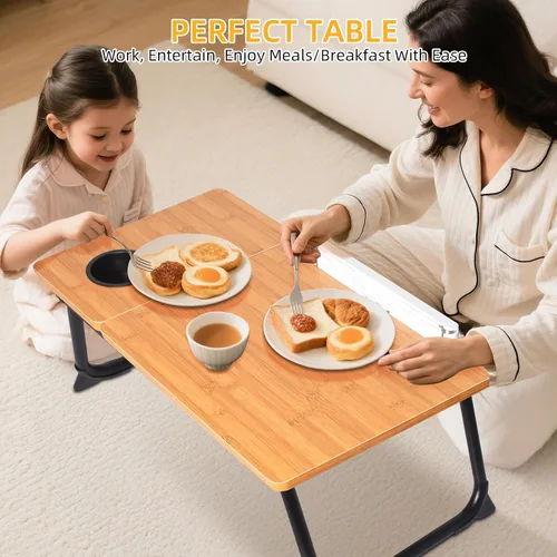 Vista 3 de Mesa de cama ajustable para laptop con soporte para libros, escritorio portátil de lectura con panel lateral, grano de madera