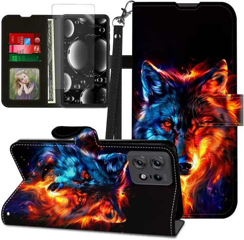 Vista 45 de Funda para Motorola Edge 2022 con protector de pantalla, soporte y tarjetero y correa para la muñeca, funda magnética para Moto Edge 2022 5G UW Lobo
