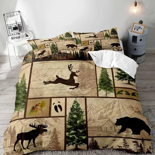 Vista 14 de LUVIVIHOME 2 piezas de funda de edredón con diseño de osos, alces y ciervos en negro, juego de cama individual, ropa de cama rústica de estilo La