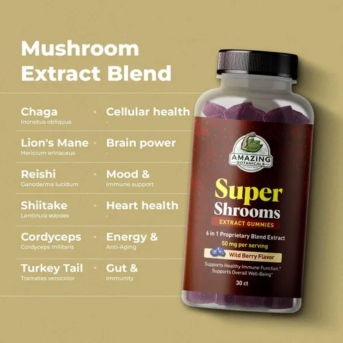 Vista 4 de Suplemento orgánico de hongos 6 en 1 Super Shrooms - Energía, memoria, enfoque y salud cerebral - Melena de león, Reishi, Chaga, Cordyceps y más
